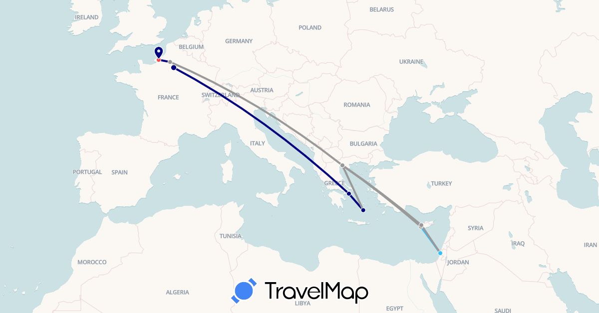 TravelMap itinerary: driving, plane, hiking, boat in Cyprus, France, Greece (Asia, Europe)